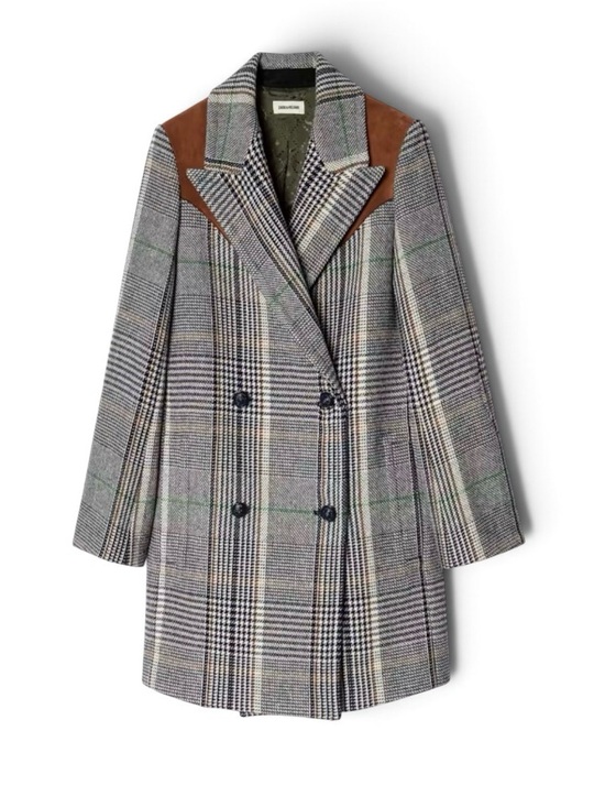 Zadig & Voltaire Other - Zadig & Voltaire Checked Wool-Blend Overcoat with Brown Suede Shoulders